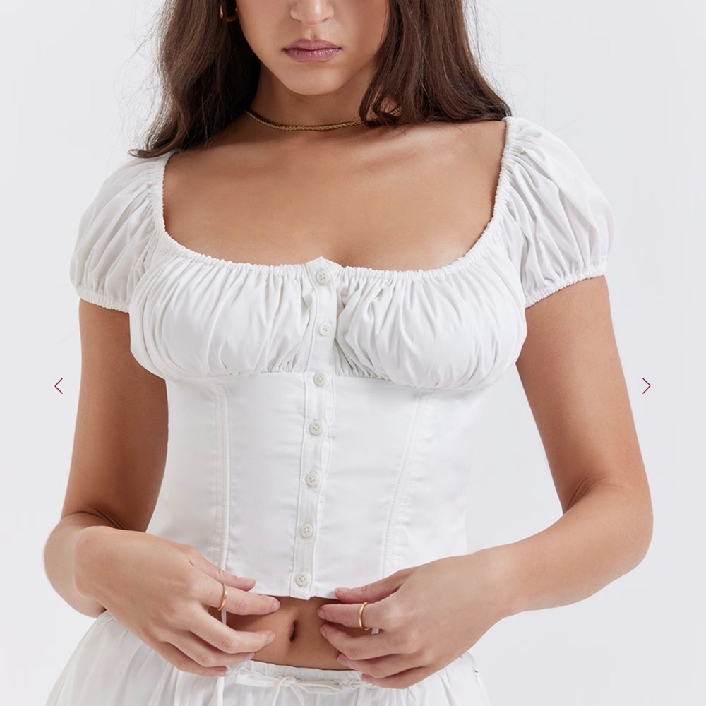 Commense White Puff Sleeve Drawstring Corset Crop… - image 1